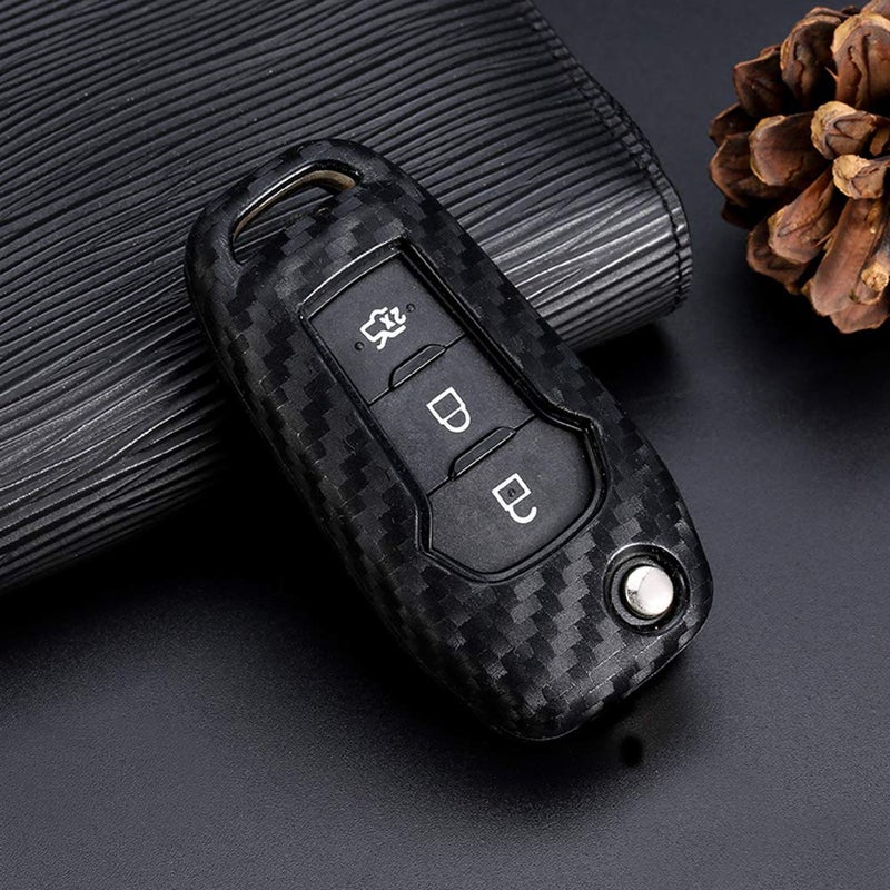 ROYALFOX(TM 2/3 Buttons flip Remote Key Fob case Cover for 2015 2016 2017 2018 2019 Ford F150 F250,Focus 3 Escort Kuga Everest Fiesta Mustang Edge MKV Fusion 2016 Ranger (Silicone Carbon Fiber) - Image 3